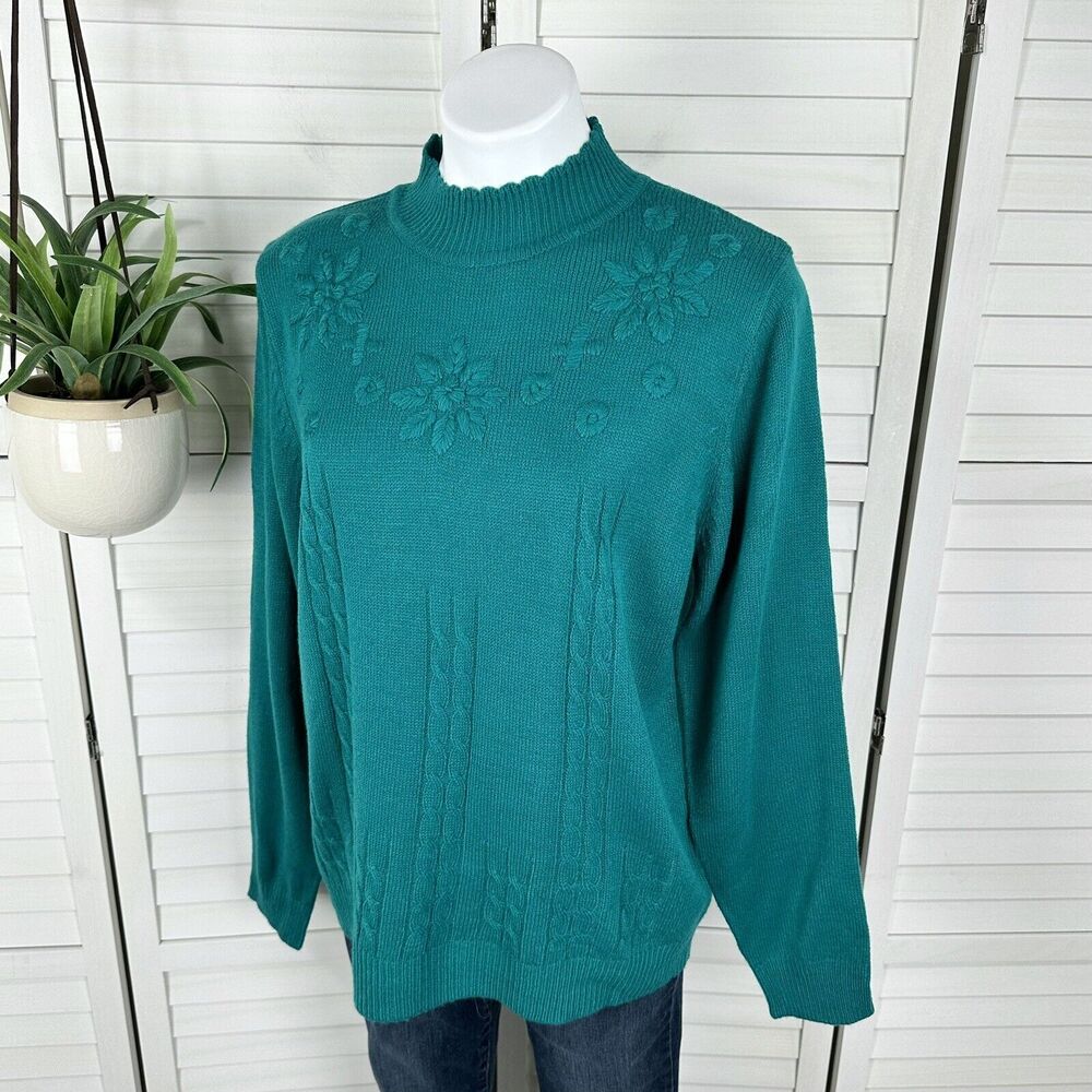 Vintage Salon Studio Green Knit Sweater Top Embroidered Acrylic Womens Size L‎